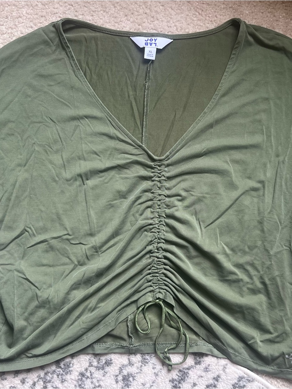 JoyLab Olive Green Ruched V-Neck Tie Front Top